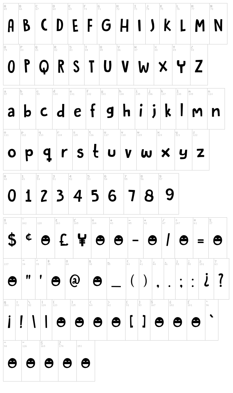 DK Butterfly Ball font map